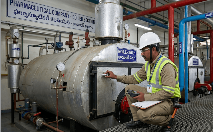 Industrial boiler room — technician in PPE conducting inspection